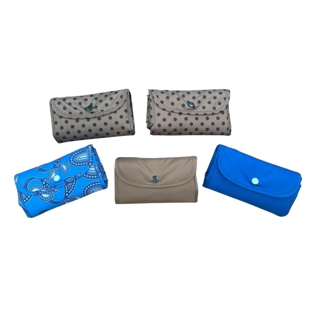 Unbranded Folding Reusable Tote Bag Set Paisley Polka‎ Dot Blue Tan 5 Piece Set